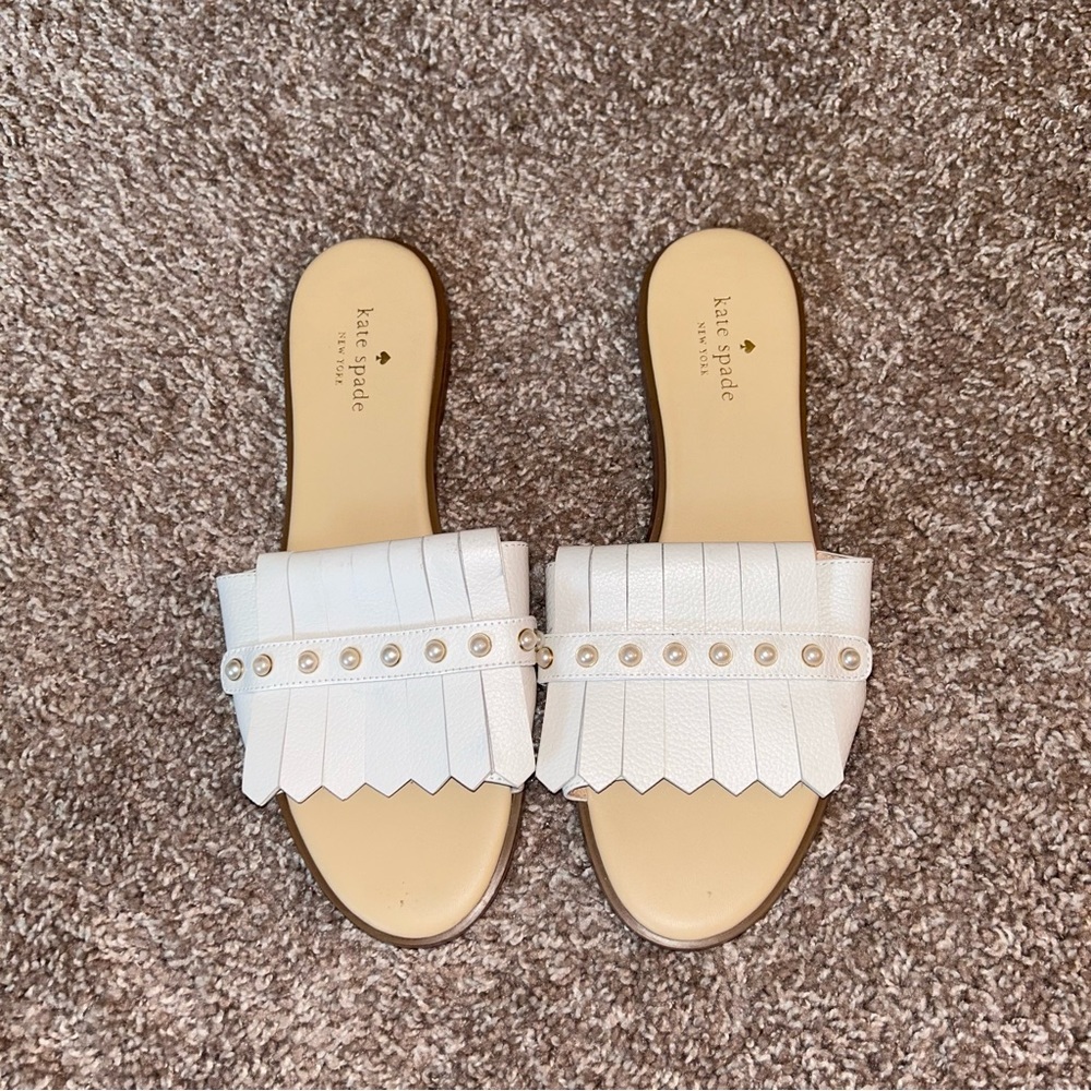 kate spade White Pearl-Embellished Fringe Slide Sandals